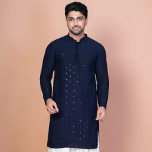 Navy blue cotton blend kurta for men with embroidery work